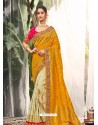 Mustard Heavy Embroidered Designer Wedding Wear Dola Silk Sari