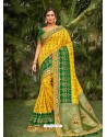 Yellow Heavy Embroidered Designer Wedding Wear Dola Silk Sari