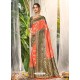 Orange Heavy Embroidered Designer Wedding Wear Dola Silk Sari