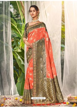 Orange Heavy Embroidered Designer Wedding Wear Dola Silk Sari