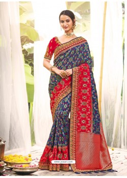 Dark Blue Heavy Embroidered Designer Wedding Wear Dola Silk Sari