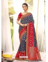 Dark Blue Heavy Embroidered Designer Wedding Wear Dola Silk Sari