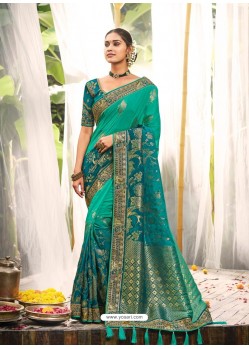 Aqua Mint Heavy Embroidered Designer Wedding Wear Dola Silk Sari