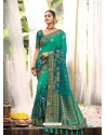 Aqua Mint Heavy Embroidered Designer Wedding Wear Dola Silk Sari