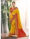 Astonishing Mustard Heavy Embroidered Designer Wedding Wear Dola Silk Sari