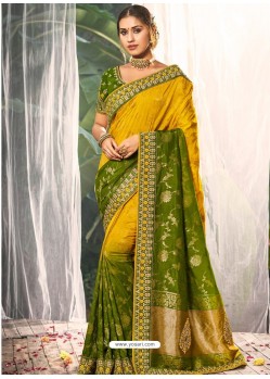 Stylish Mustard Heavy Embroidered Designer Wedding Wear Dola Silk Sari