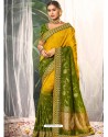 Stylish Mustard Heavy Embroidered Designer Wedding Wear Dola Silk Sari