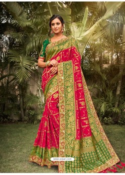 Dark Peach Heavy Embroidered Designer Wedding Wear Dola Silk Sari