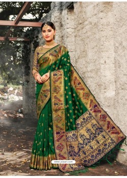 Dark Green Designer Traditional Wear Banarasi Silk Sari