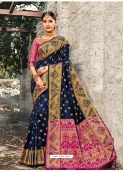 Navy Blue Designer Traditional Wear Banarasi Silk Sari