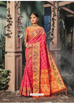 Light Red Designer Traditional Wear Banarasi Silk Sari