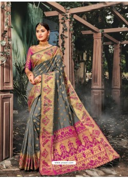 Grey Designer Traditional Wear Banarasi Silk Sari