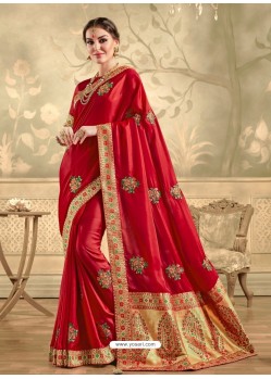 Red Designer Party Wear Embroidered Poly Silk Sari