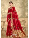 Red Designer Party Wear Embroidered Poly Silk Sari