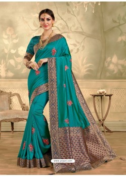 Turquoise Designer Party Wear Embroidered Poly Silk Sari