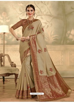 Light Beige Designer Party Wear Embroidered Poly Silk Sari