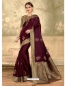 Deep Wine Designer Party Wear Embroidered Poly Silk Sari