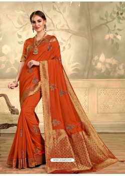 Orange Designer Party Wear Embroidered Poly Silk Sari