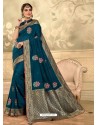 Teal Blue Designer Party Wear Embroidered Poly Silk Sari