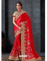 Red Designer Party Wear Embroidered Poly Silk Sari