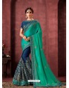 Turquoise Designer Party Wear Embroidered Poly Silk Sari