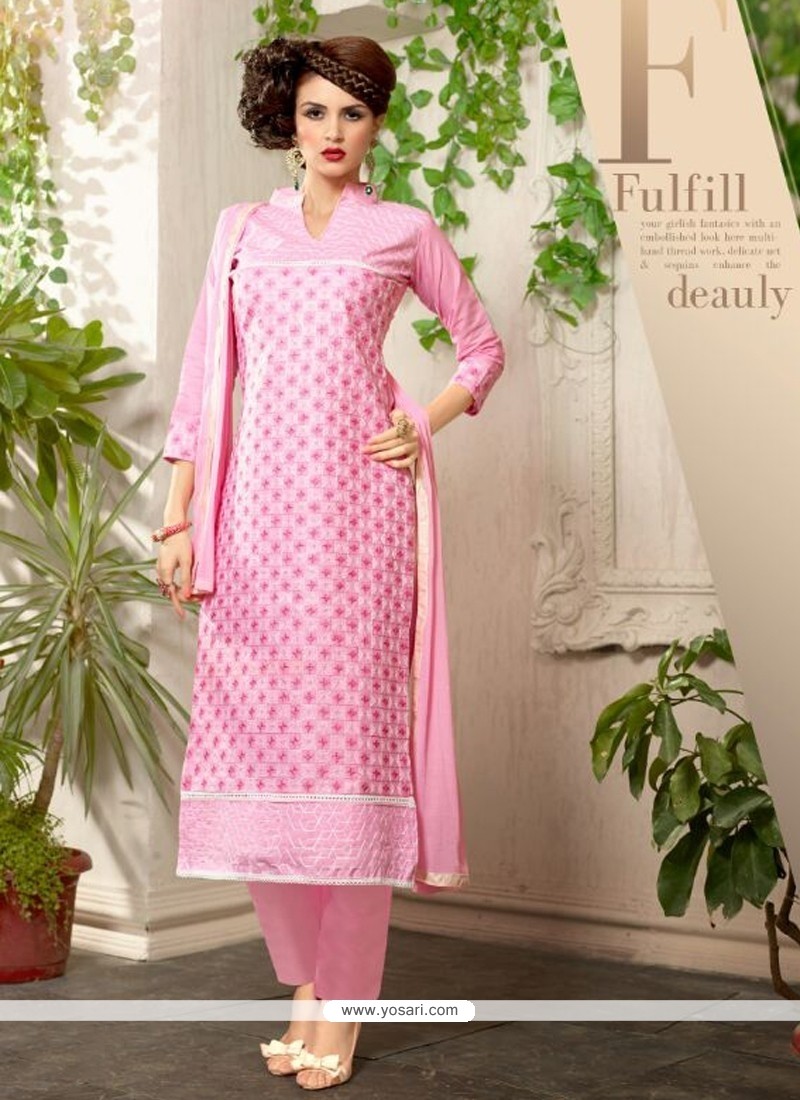 Thrilling Hot Pink Resham Work Churidar Salwar Kameez