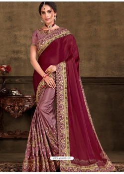 Deep Wine Designer Party Wear Embroidered Poly Silk Sari