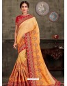 Khaki Designer Party Wear Embroidered Poly Silk Sari