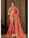 Peach Designer Party Wear Embroidered Poly Silk Sari