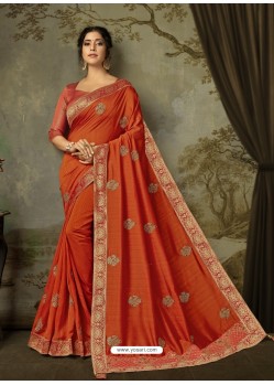 Rust Latest Designer Party Wear Embroidered Poly Silk Sari