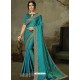 Teal Blue Latest Designer Party Wear Embroidered Poly Silk Sari