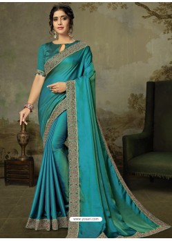 Teal Blue Latest Designer Party Wear Embroidered Poly Silk Sari