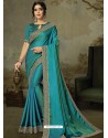 Teal Blue Latest Designer Party Wear Embroidered Poly Silk Sari