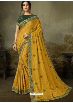 Mustard Latest Designer Party Wear Embroidered Poly Silk Sari