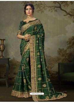 Dark Green Latest Designer Party Wear Embroidered Poly Silk Sari