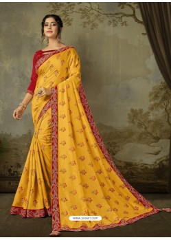 Yellow Latest Designer Party Wear Embroidered Poly Silk Sari