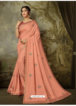 Peach Latest Designer Party Wear Embroidered Poly Silk Sari