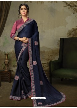 Navy Blue Latest Designer Party Wear Embroidered Poly Silk Sari