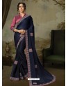 Navy Blue Latest Designer Party Wear Embroidered Poly Silk Sari