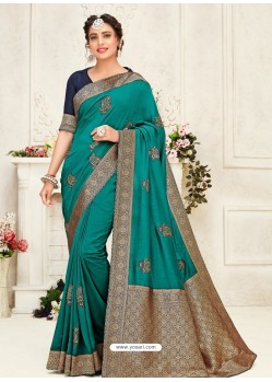 Turquoise Latest Designer Party Wear Embroidered Poly Silk Sari