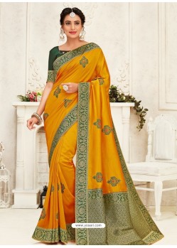 Yellow Latest Designer Party Wear Embroidered Poly Silk Sari