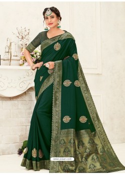 Dark Green Latest Designer Party Wear Embroidered Poly Silk Sari