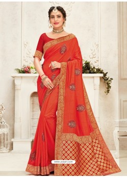 Orange Latest Designer Party Wear Embroidered Poly Silk Sari