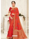 Orange Latest Designer Party Wear Embroidered Poly Silk Sari