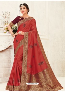 Dark Peach Latest Designer Party Wear Embroidered Poly Silk Sari