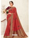 Dark Peach Latest Designer Party Wear Embroidered Poly Silk Sari