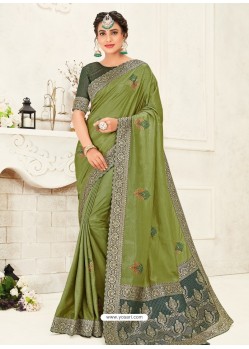 Green Latest Designer Party Wear Embroidered Poly Silk Sari