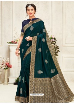 Peacock Blue Latest Designer Party Wear Embroidered Poly Silk Sari