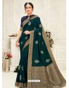 Peacock Blue Latest Designer Party Wear Embroidered Poly Silk Sari