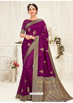 Medium Violet Latest Designer Party Wear Embroidered Poly Silk Sari